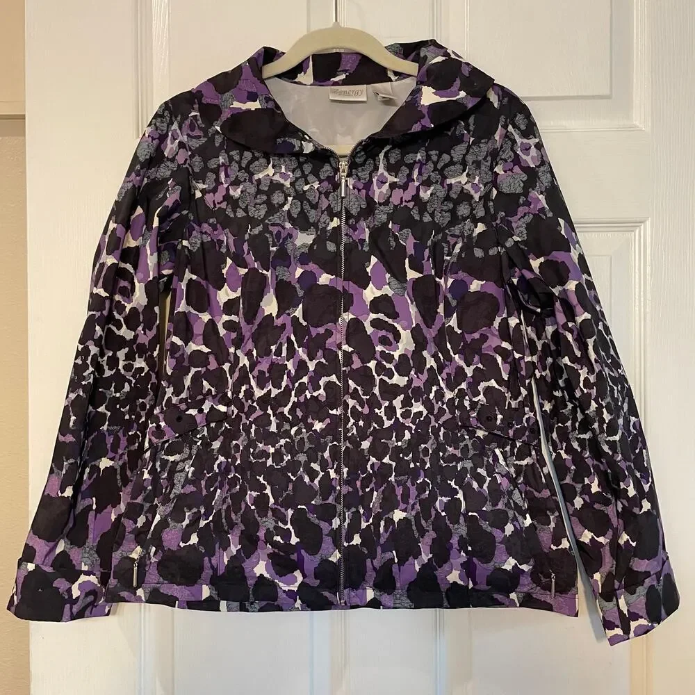 Chico’s Zenergy Women’s Medium Rain Jacket Purple Black Zip Up Lightweight - Picture 1 of 15